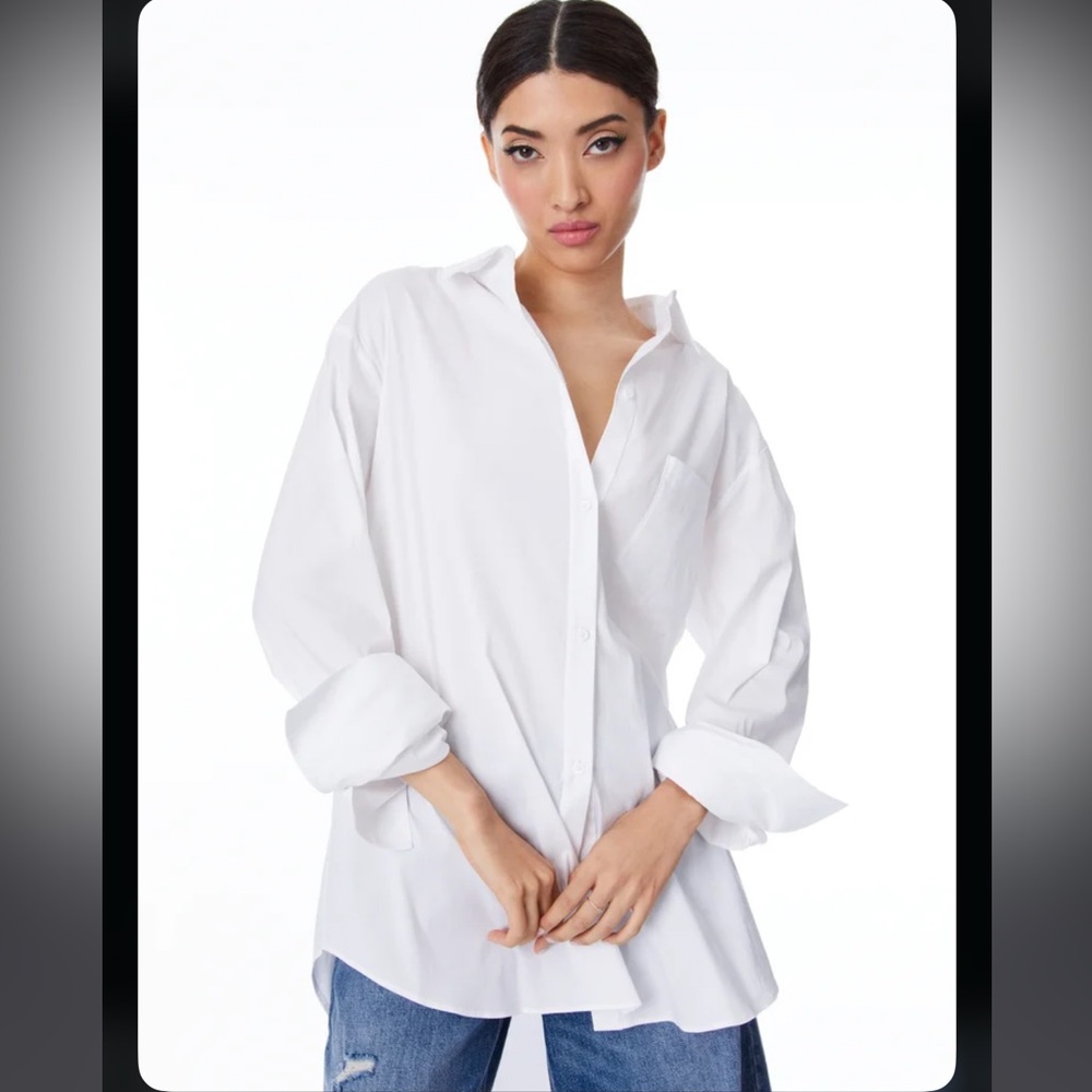 NWT Alice + Olivia Finely Oversized White Long Button-Down Shirt / Size XS